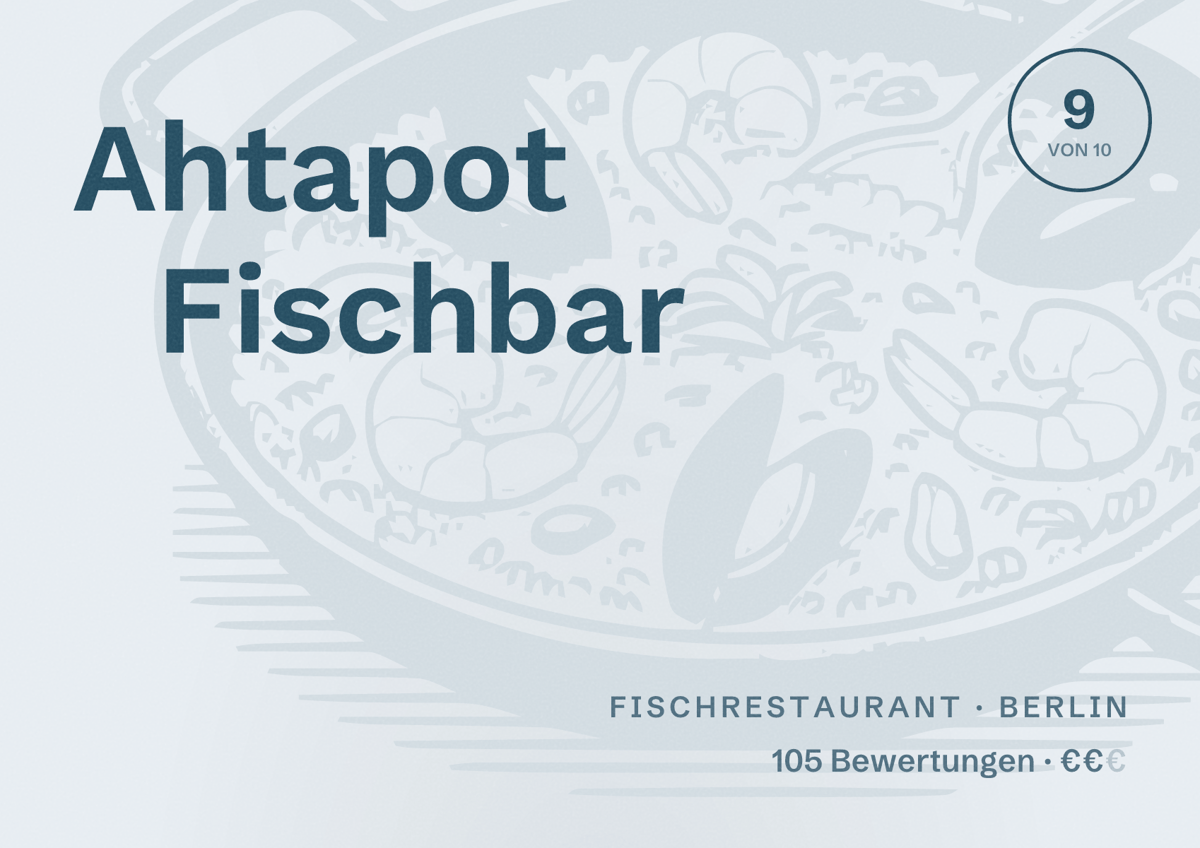Illustriertes Poster von Ahtapot Fischbar, Fischrestaurant in Berlin: Bewertung 9,0 von 10 aus 105 Bewertungen, Preisniveau €€