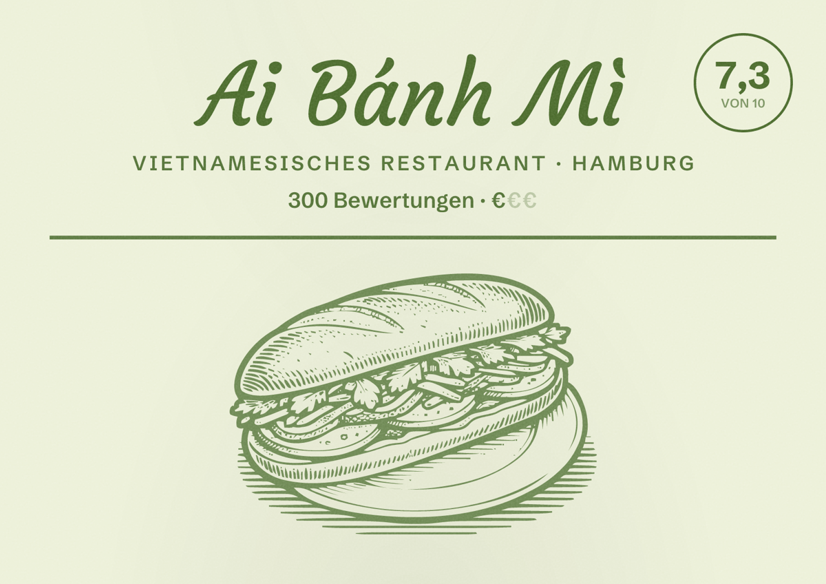 Illustriertes Poster von Ai Bánh Mì, Vietnamesisches Restaurant in Hamburg: Bewertung 7,3 von 10 aus 300 Bewertungen, Preisniveau €