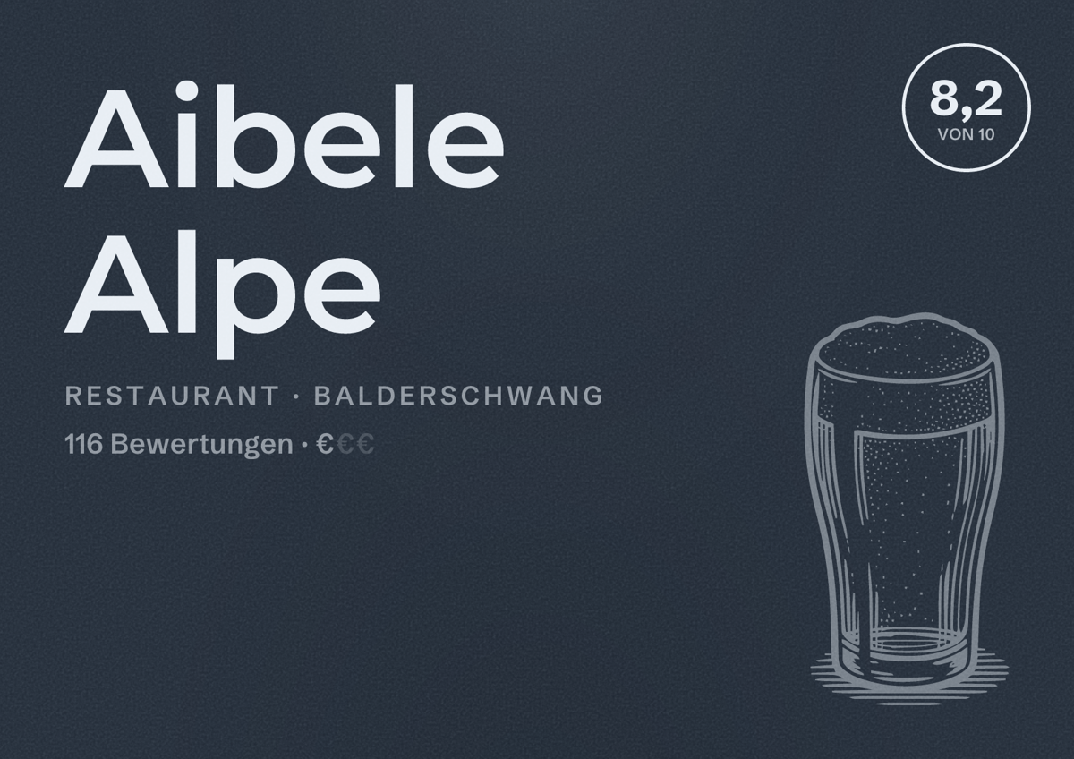 Illustriertes Poster von Aibele Alpe, Restaurant in Balderschwang: Bewertung 8,2 von 10 aus 116 Bewertungen, Preisniveau €