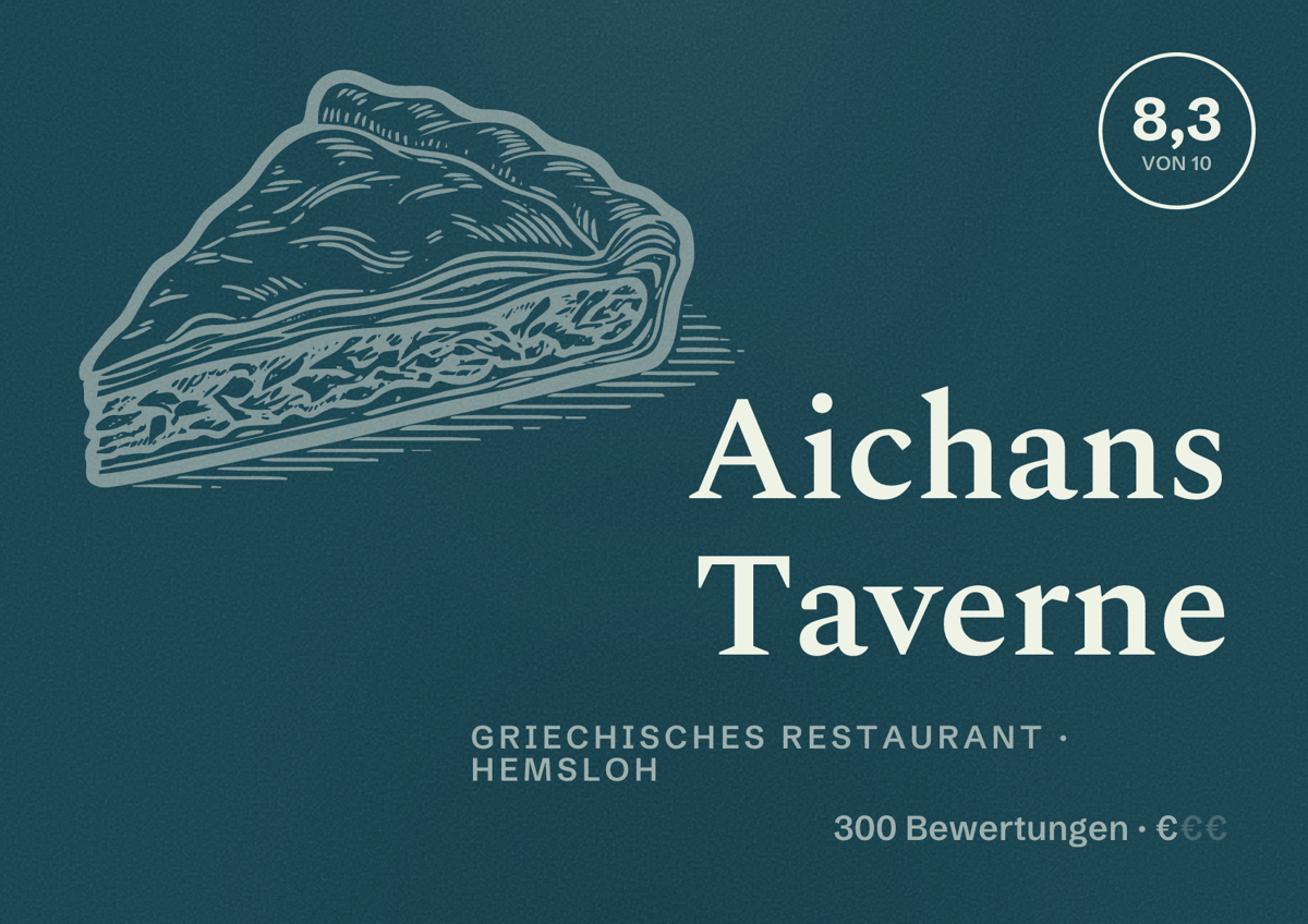 Illustriertes Poster von Aichans Taverne, Griechisches Restaurant in Hemsloh: Bewertung 8,3 von 10 aus 300 Bewertungen, Preisniveau €