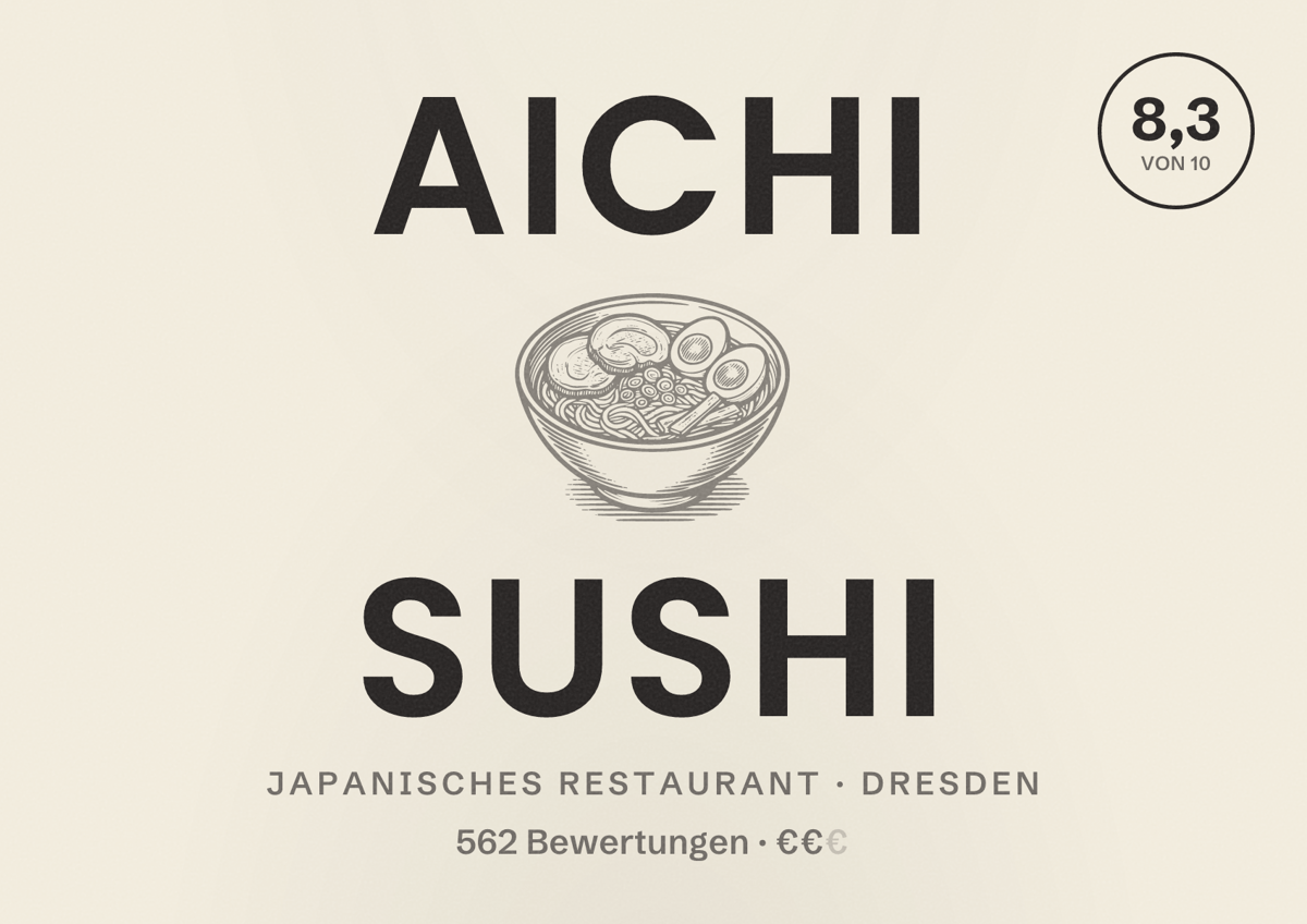 Illustriertes Poster von AICHI SUSHI, Japanisches Restaurant in Dresden: Bewertung 8,3 von 10 aus 562 Bewertungen, Preisniveau €€