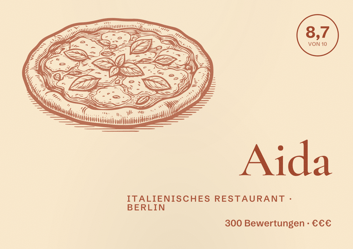 Illustriertes Poster von Aida, Italienisches Restaurant in Berlin: Bewertung 8,7 von 10 aus 300 Bewertungen, Preisniveau €€€