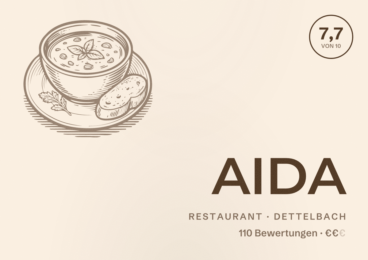 Illustriertes Poster von AIDA, Restaurant in Dettelbach: Bewertung 7,7 von 10 aus 110 Bewertungen, Preisniveau €€