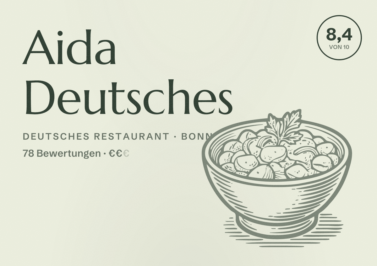 Illustriertes Poster von Aida Deutsches, Deutsches Restaurant in Bonn: Bewertung 8,4 von 10 aus 78 Bewertungen, Preisniveau €€