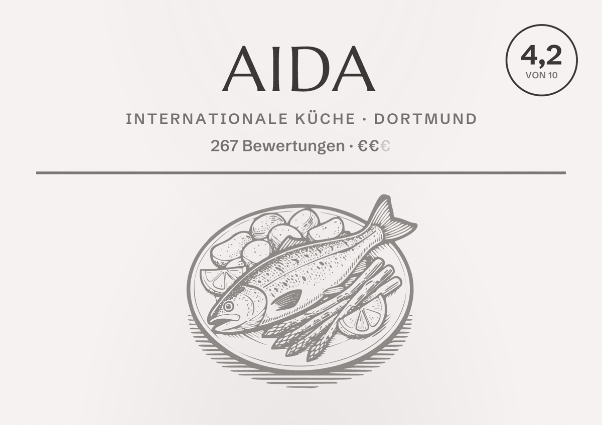 Illustriertes Poster von Aida, Internationale Küche in Dortmund: Bewertung 4,2 von 10 aus 267 Bewertungen, Preisniveau €€