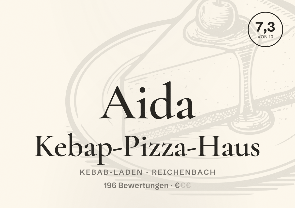 Illustriertes Poster von Aida Kebap-Pizza-Haus, Kebab-Laden in Reichenbach: Bewertung 7,3 von 10 aus 196 Bewertungen, Preisniveau €
