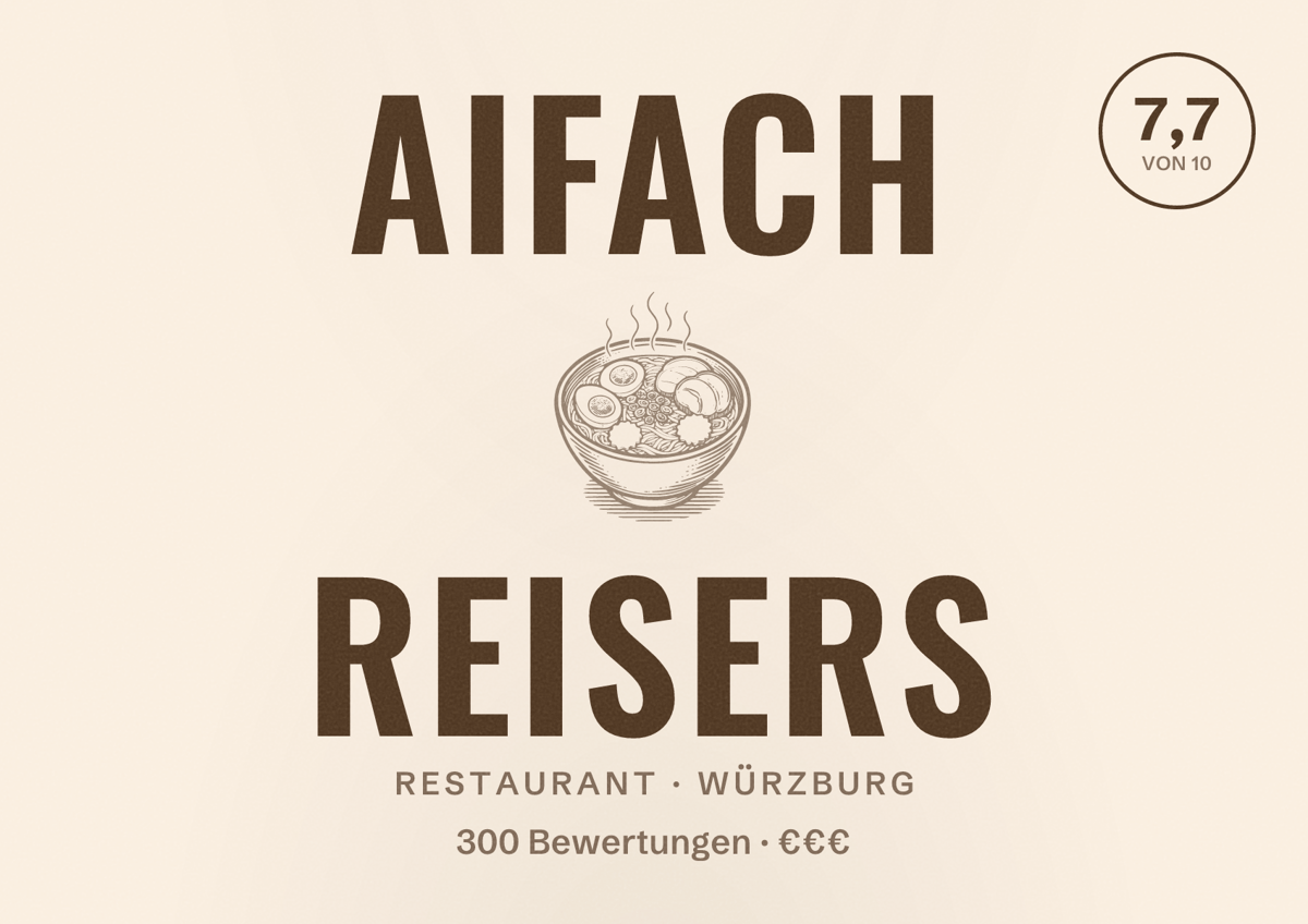 Illustriertes Poster von Aifach Reisers, Restaurant in Würzburg: Bewertung 7,7 von 10 aus 300 Bewertungen, Preisniveau €€€