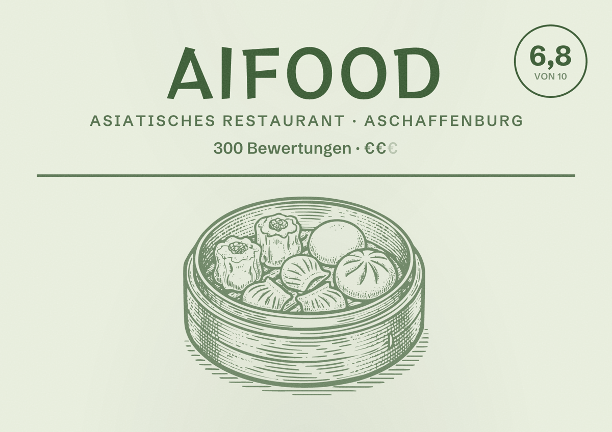 Illustriertes Poster von aifood, Asiatisches Restaurant in Aschaffenburg: Bewertung 6,8 von 10 aus 300 Bewertungen, Preisniveau €€