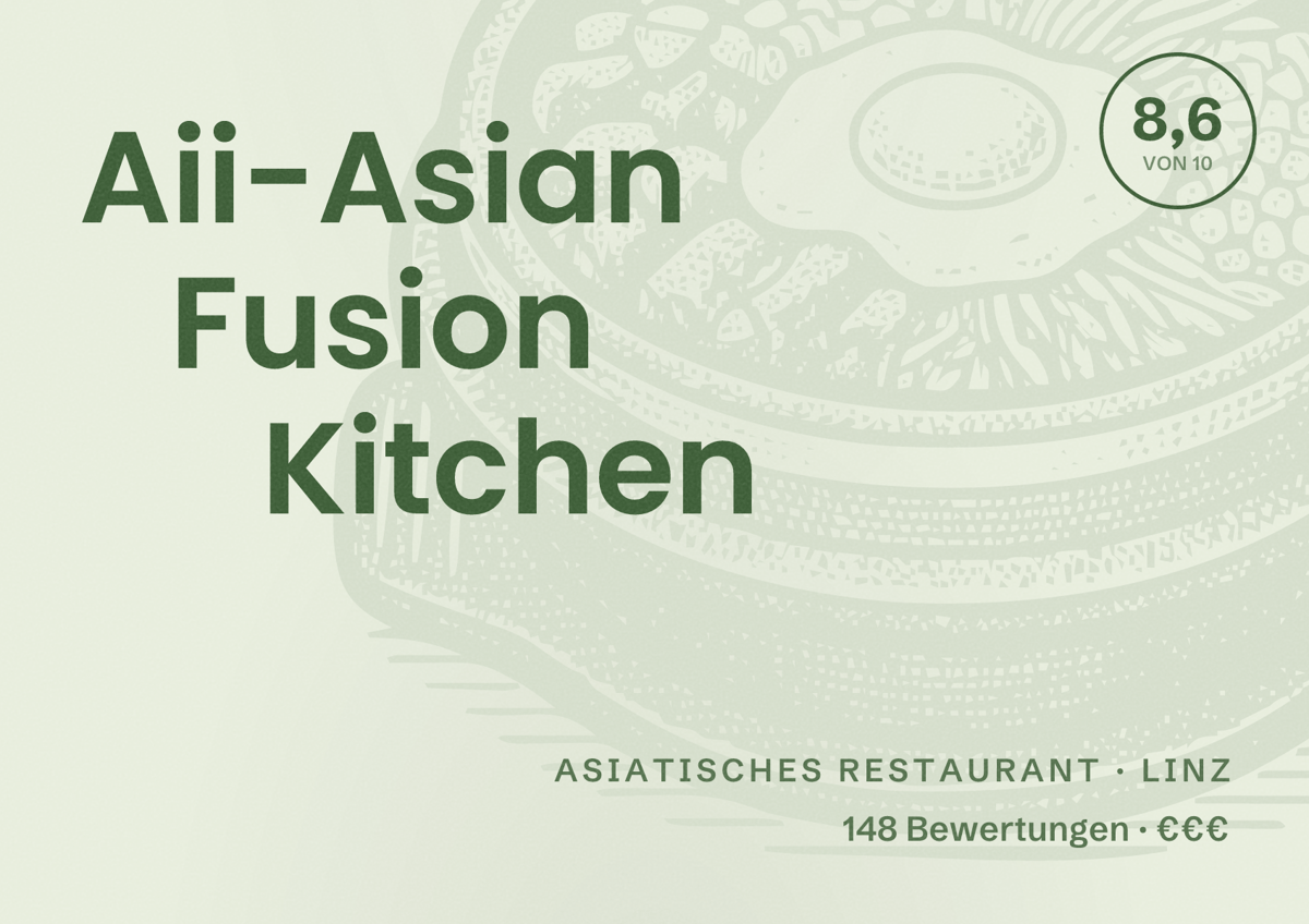 Illustriertes Poster von Aii-Asian Fusion Kitchen, Asiatisches Restaurant in Linz: Bewertung 8,6 von 10 aus 148 Bewertungen, Preisniveau €€€