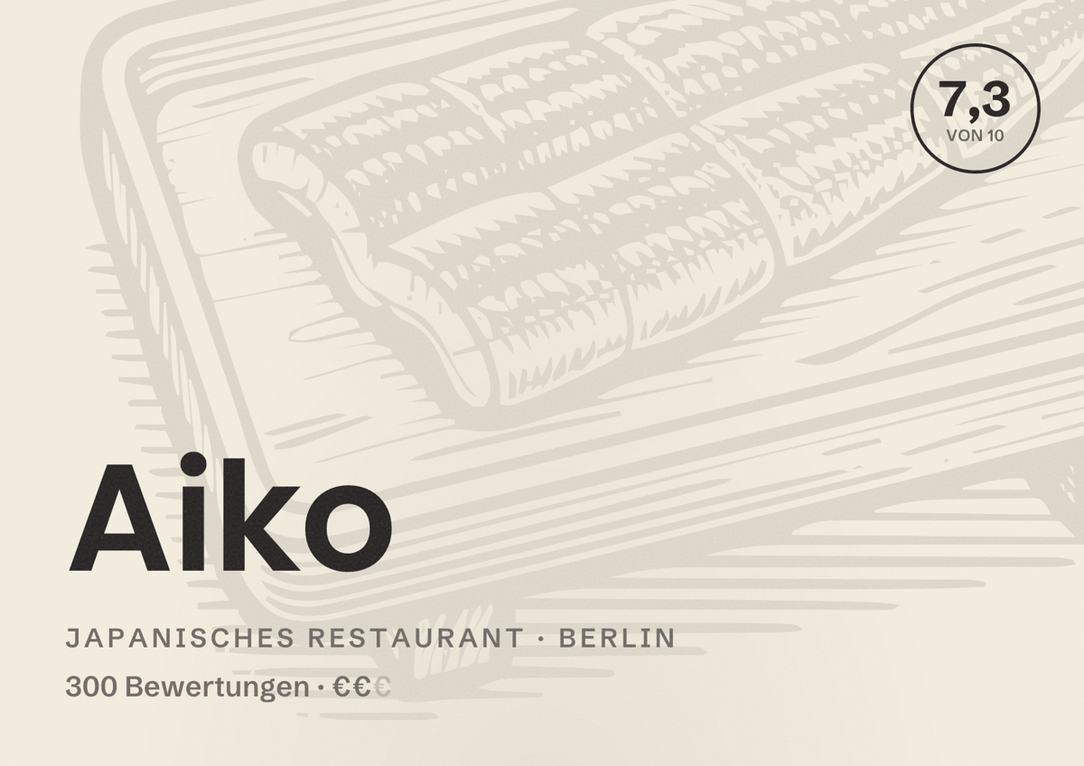Illustriertes Poster von Aiko, Japanisches Restaurant in Berlin: Bewertung 7,3 von 10 aus 300 Bewertungen, Preisniveau €€