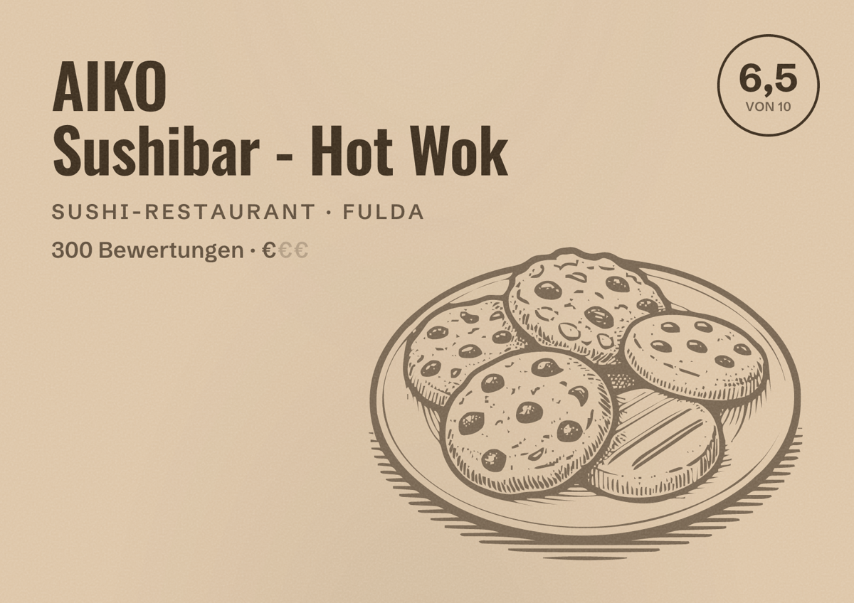 Illustriertes Poster von AIKO Sushibar - Hot Wok, Sushi-Restaurant in Fulda: Bewertung 6,5 von 10 aus 300 Bewertungen, Preisniveau €