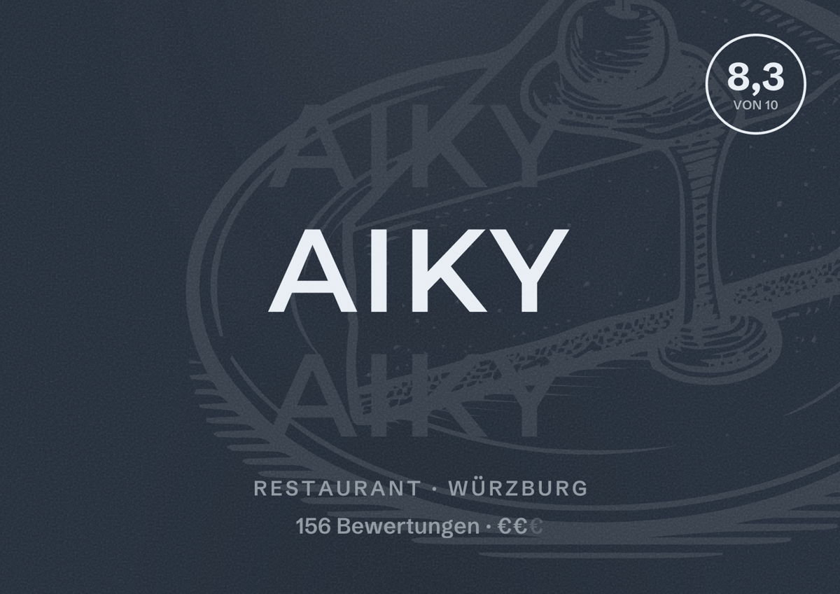 Illustriertes Poster von Aiky, Restaurant in Würzburg: Bewertung 8,3 von 10 aus 156 Bewertungen, Preisniveau €€
