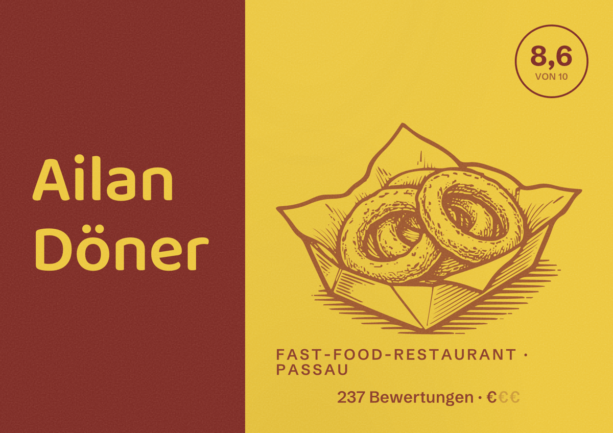 Illustriertes Poster von Ailan Döner, Fast-Food-Restaurant in Passau: Bewertung 8,6 von 10 aus 237 Bewertungen, Preisniveau €