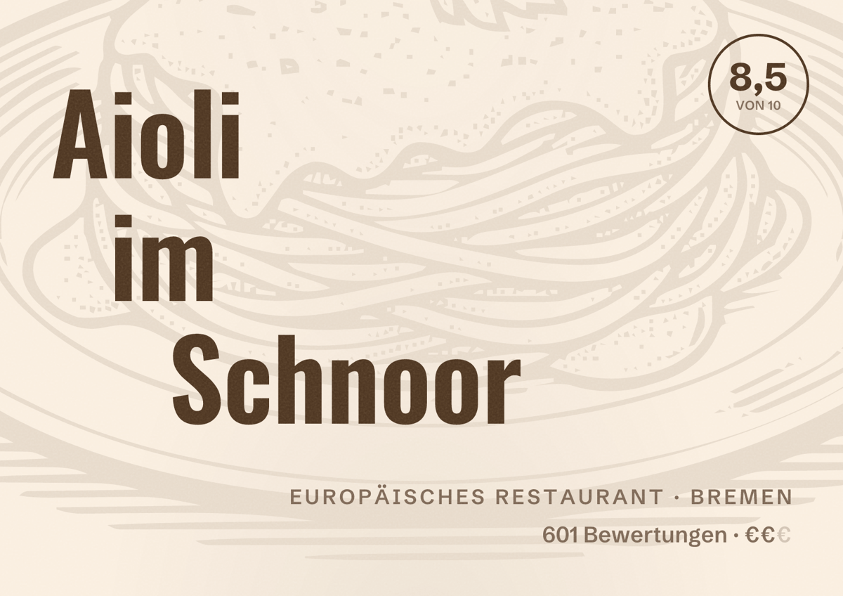 Illustriertes Poster von Aioli im Schnoor, Europäisches Restaurant in Bremen: Bewertung 8,5 von 10 aus 601 Bewertungen, Preisniveau €€