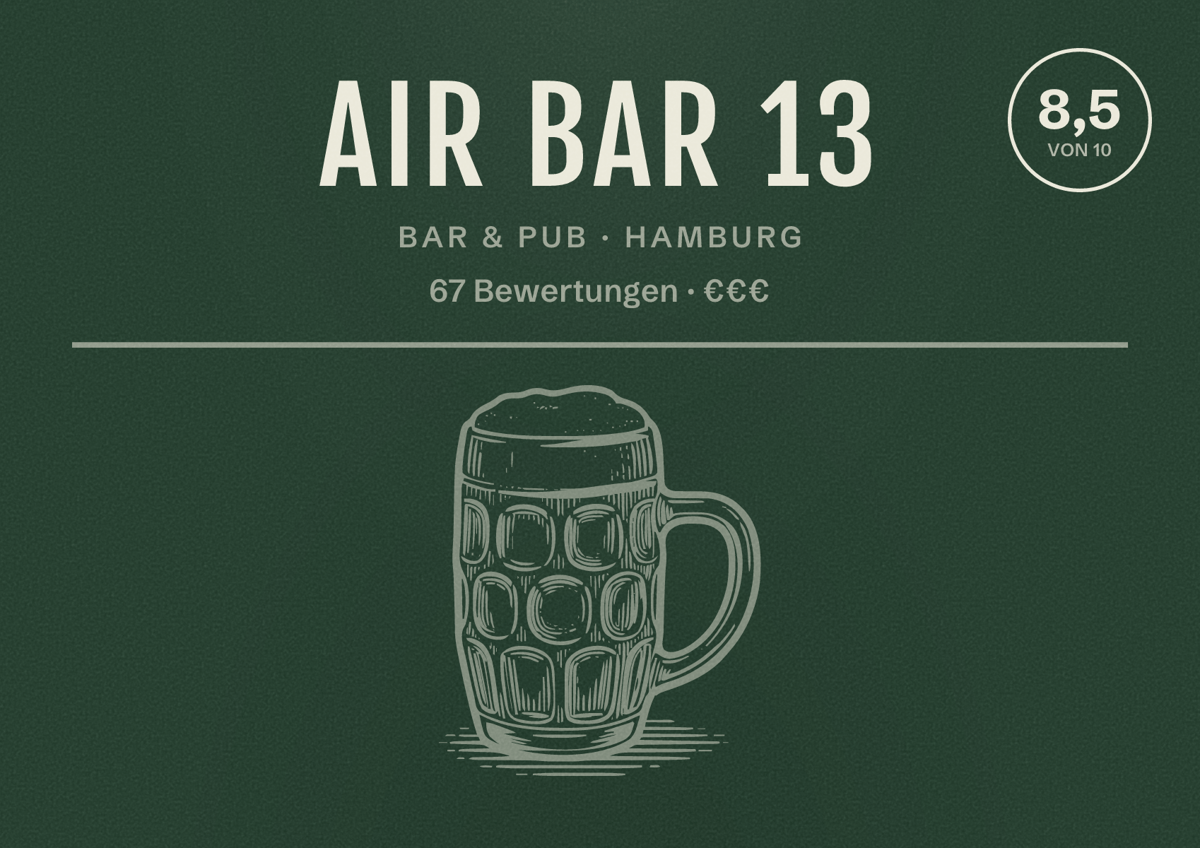 Illustriertes Poster von Air Bar 13, Bar & Pub in Hamburg: Bewertung 8,5 von 10 aus 67 Bewertungen, Preisniveau €€€