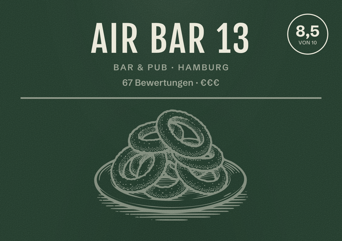 Illustriertes Poster von Air Bar 13, Bar & Pub in Hamburg: Bewertung 8,5 von 10 aus 67 Bewertungen, Preisniveau €€€
