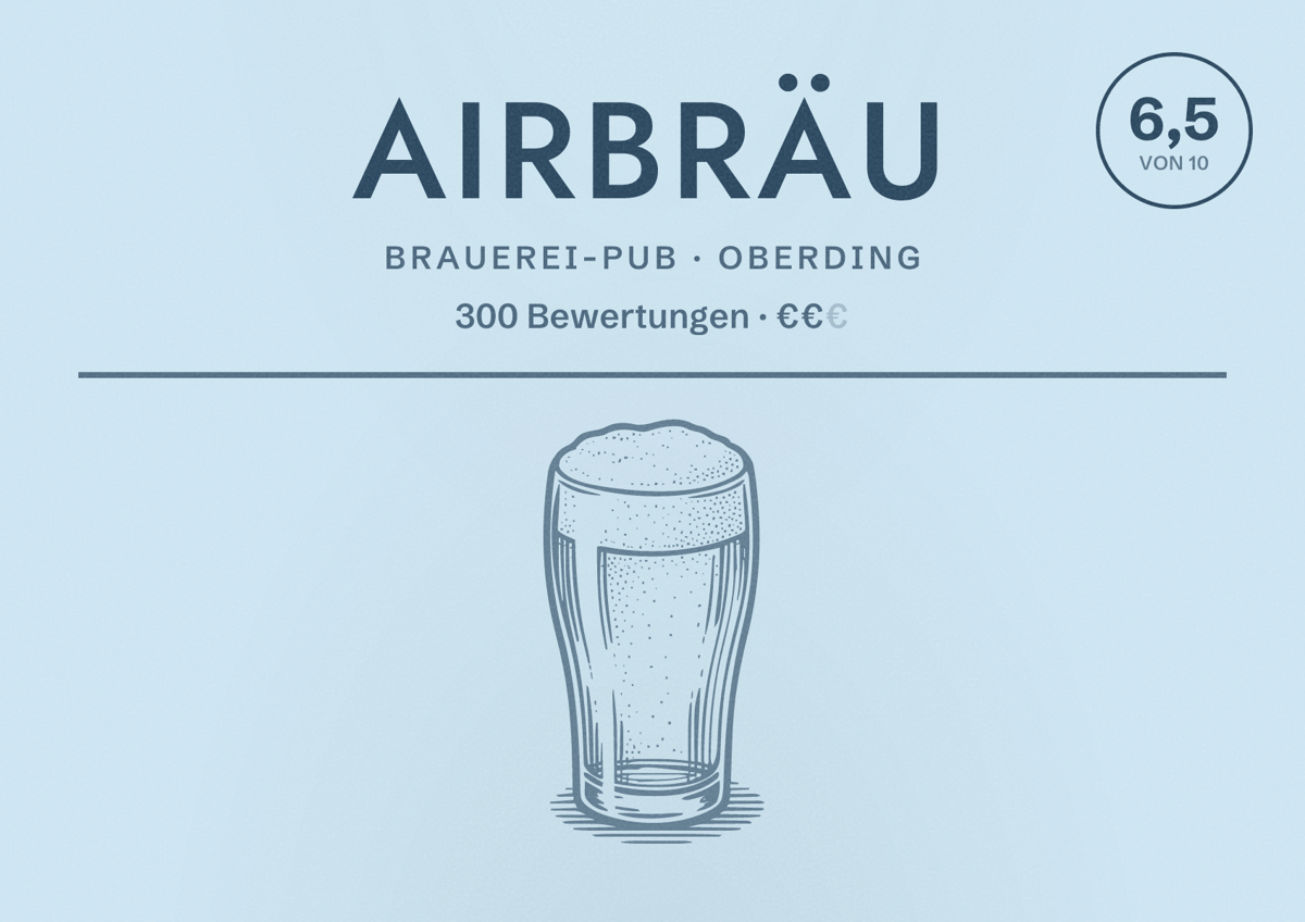 Illustriertes Poster von Airbräu, Brauerei-Pub in Oberding: Bewertung 6,5 von 10 aus 300 Bewertungen, Preisniveau €€