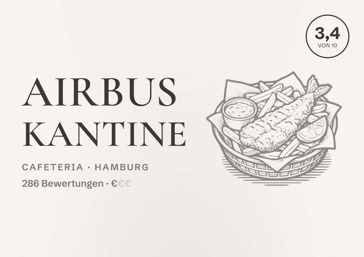 Illustriertes Poster von Airbus Kantine, Cafeteria in Hamburg: Bewertung 3,4 von 10 aus 286 Bewertungen, Preisniveau €