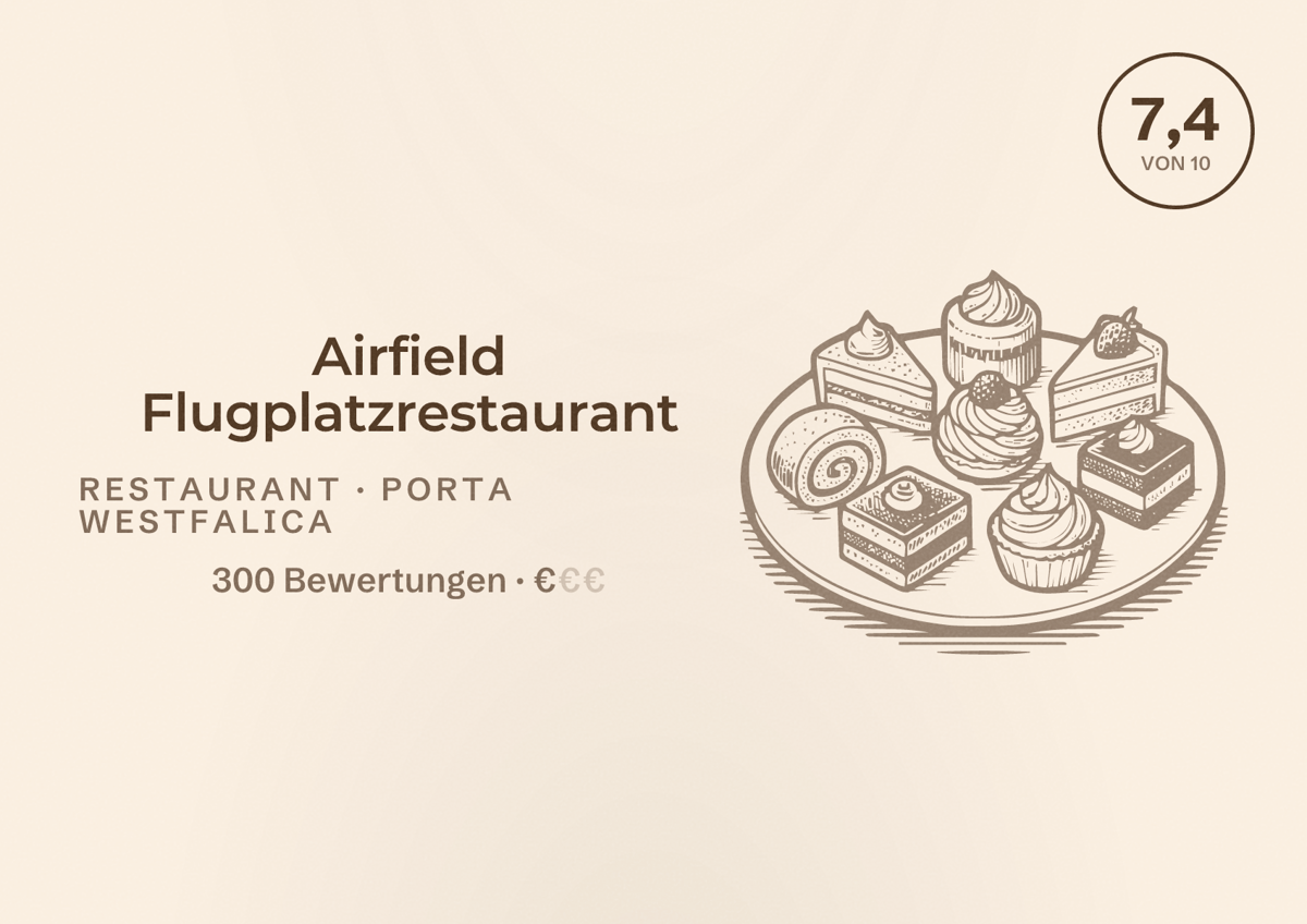 Illustriertes Poster von Airfield Flugplatzrestaurant, Restaurant in Porta Westfalica: Bewertung 7,4 von 10 aus 300 Bewertungen, Preisniveau €