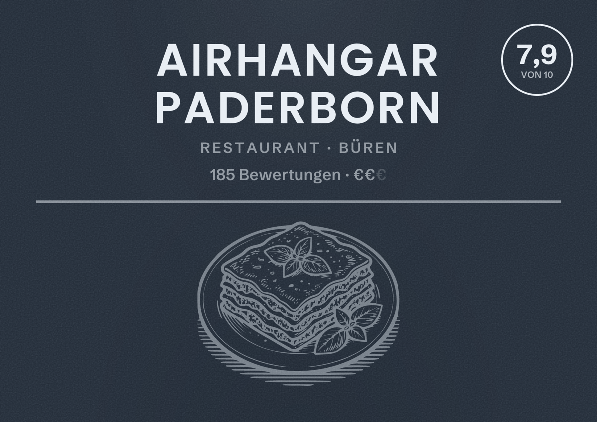 Illustriertes Poster von AirHangar Paderborn, Restaurant in Büren: Bewertung 7,9 von 10 aus 185 Bewertungen, Preisniveau €€