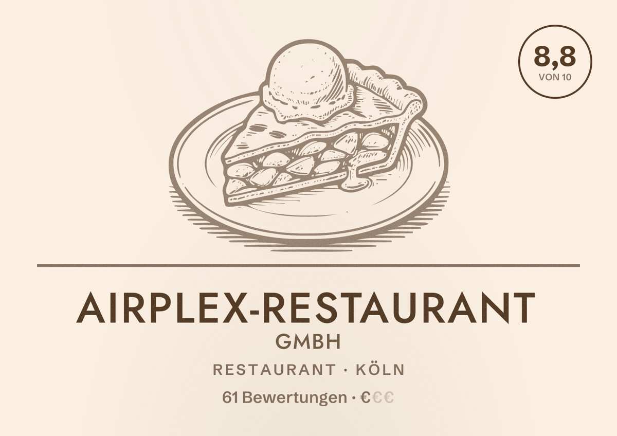 Illustriertes Poster von Airplex-Restaurant GmbH, Restaurant in Köln: Bewertung 8,8 von 10 aus 61 Bewertungen, Preisniveau €