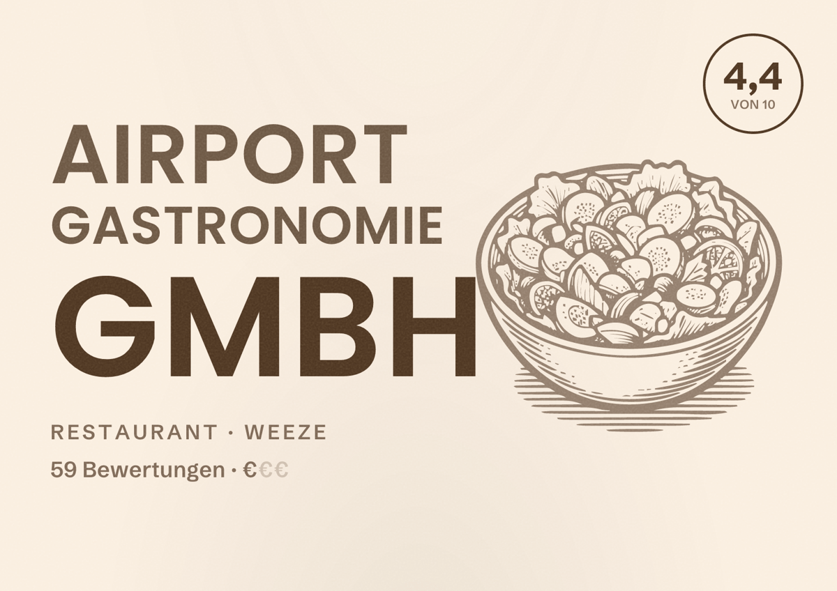 Illustriertes Poster von Airport Gastronomie GmbH, Restaurant in Weeze: Bewertung 4,4 von 10 aus 59 Bewertungen, Preisniveau €