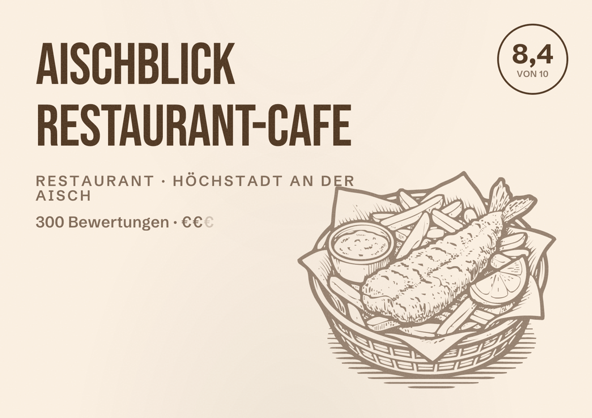 Illustriertes Poster von Aischblick Restaurant-Cafe, Restaurant in Höchstadt an der Aisch: Bewertung 8,4 von 10 aus 300 Bewertungen, Preisniveau €€