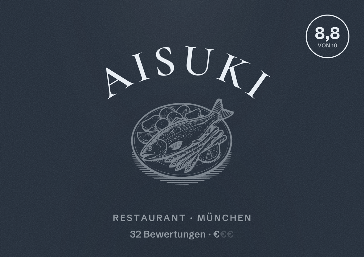 Illustriertes Poster von Aisuki, Restaurant in München: Bewertung 8,8 von 10 aus 32 Bewertungen, Preisniveau €