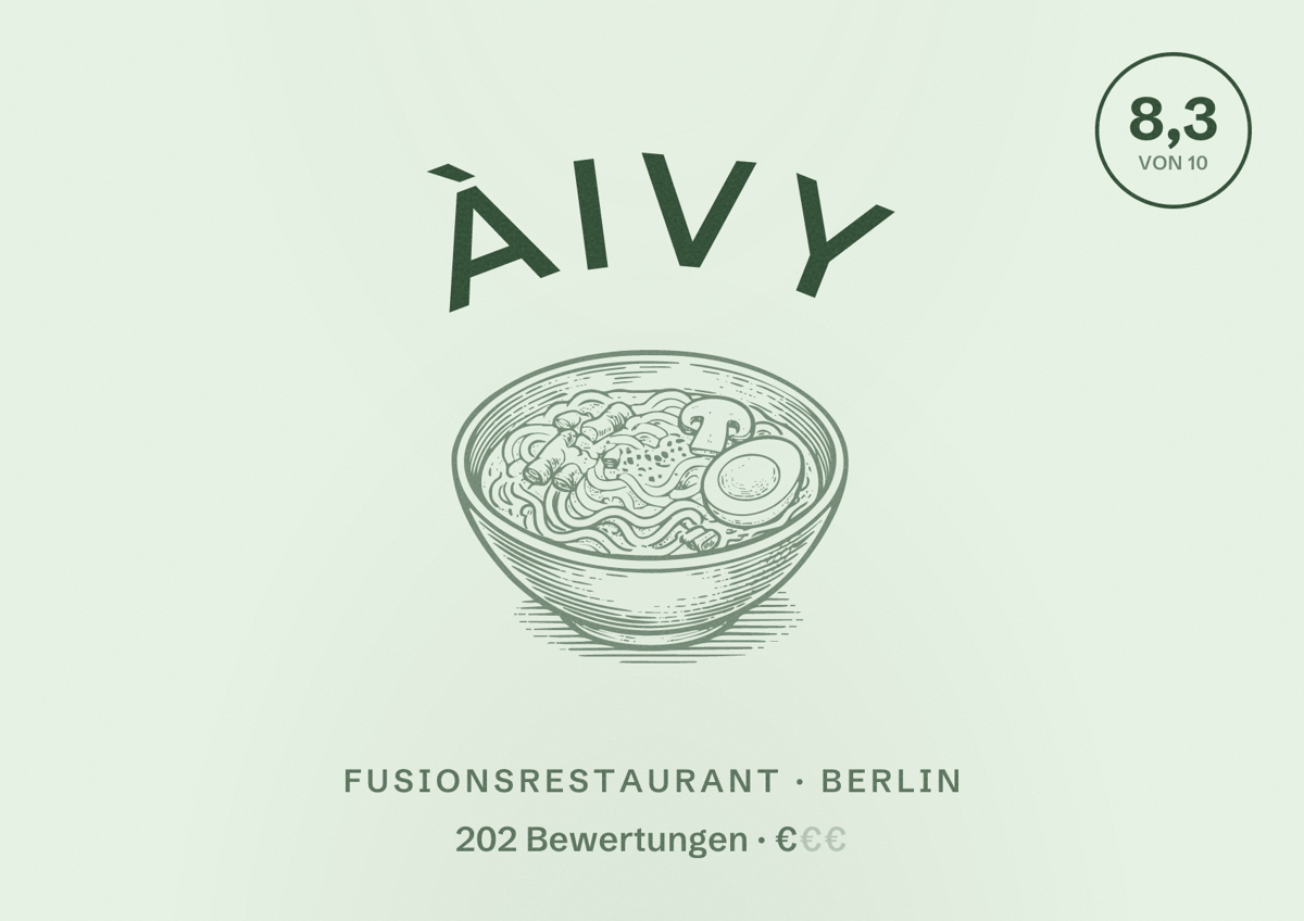 Illustriertes Poster von ÀIVY, Fusionsrestaurant in Berlin: Bewertung 8,3 von 10 aus 202 Bewertungen, Preisniveau €