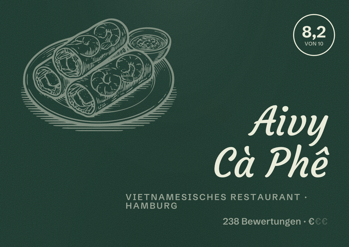Illustriertes Poster von Aivy Cà Phê, Vietnamesisches Restaurant in Hamburg: Bewertung 8,2 von 10 aus 238 Bewertungen, Preisniveau €