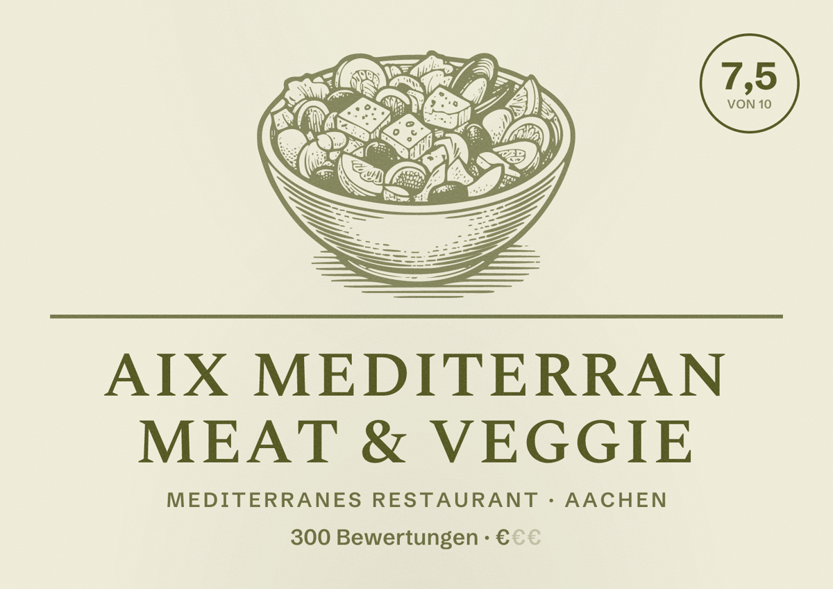 Illustriertes Poster von Aix Mediterran Meat & Veggie, Mediterranes Restaurant in Aachen: Bewertung 7,5 von 10 aus 300 Bewertungen, Preisniveau €