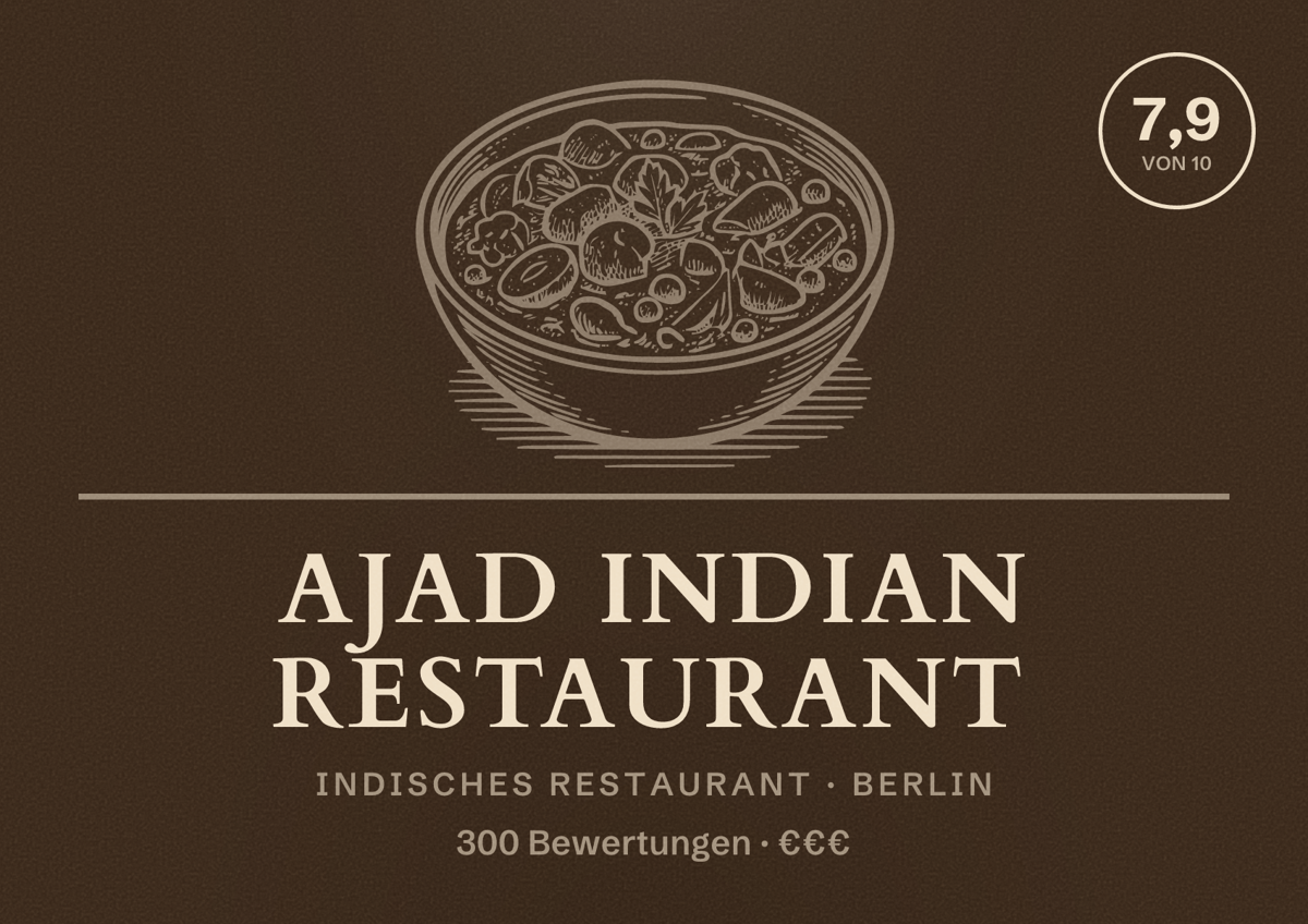 Illustriertes Poster von Ajad Indian restaurant, Indisches Restaurant in Berlin: Bewertung 7,9 von 10 aus 300 Bewertungen, Preisniveau €€€