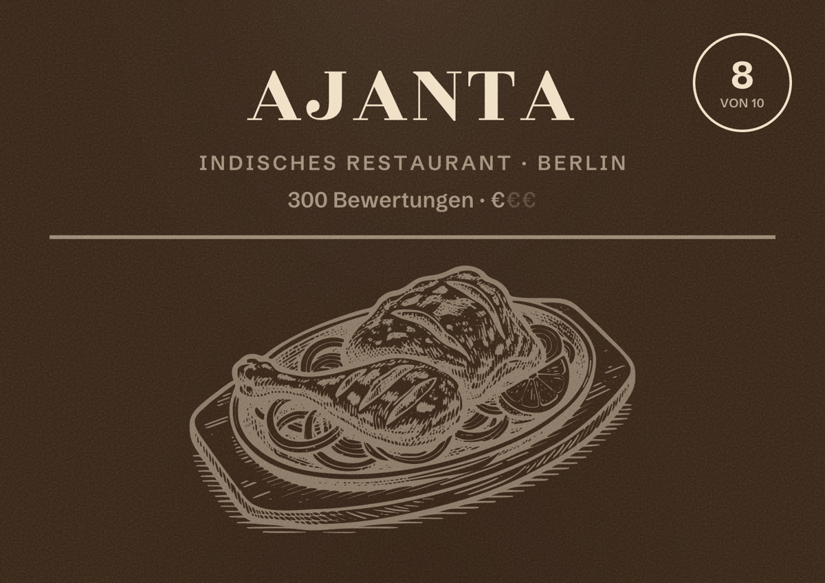 Illustriertes Poster von Ajanta, Indisches Restaurant in Berlin: Bewertung 8,0 von 10 aus 300 Bewertungen, Preisniveau €