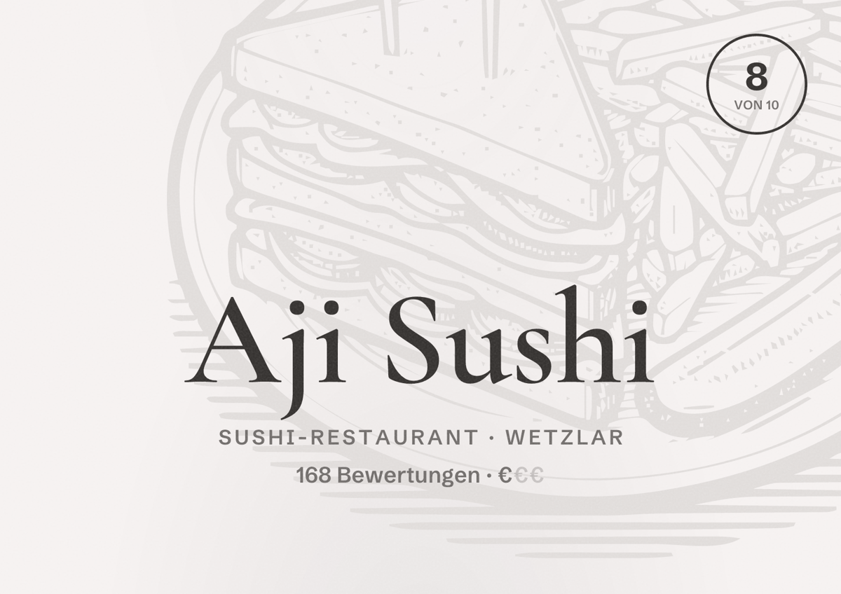 Illustriertes Poster von Aji Sushi, Sushi-Restaurant in Wetzlar: Bewertung 8 von 10 aus 168 Bewertungen, Preisniveau €