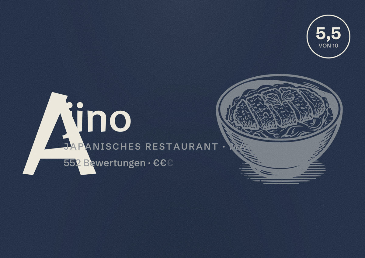 Illustriertes Poster von Ajino, Japanisches Restaurant in Mannheim: Bewertung 5,5 von 10 aus 552 Bewertungen, Preisniveau €€