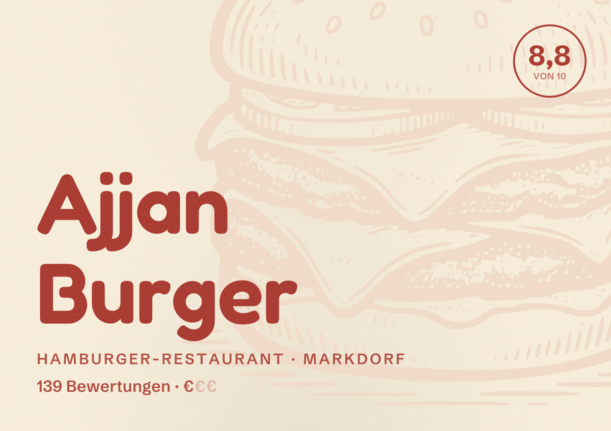 Illustriertes Poster von Ajjan Burger, Hamburger-Restaurant in Markdorf: Bewertung 8,8 von 10 aus 139 Bewertungen, Preisniveau €