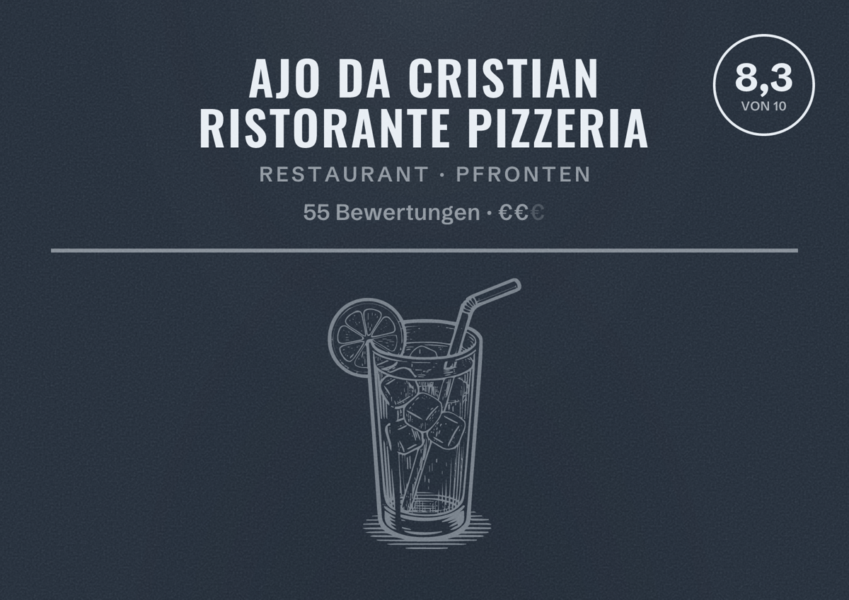 Illustriertes Poster von Ajo da Cristian Ristorante Pizzeria, Restaurant in Pfronten: Bewertung 8,3 von 10 aus 55 Bewertungen, Preisniveau €€