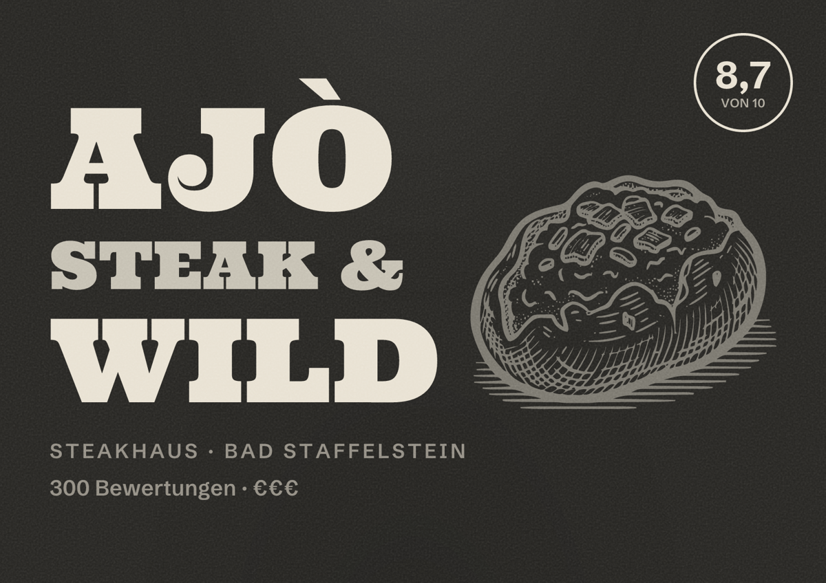 Illustriertes Poster von Ajò Steak & Wild, Steakhaus in Bad Staffelstein: Bewertung 8,7 von 10 aus 300 Bewertungen, Preisniveau €€€