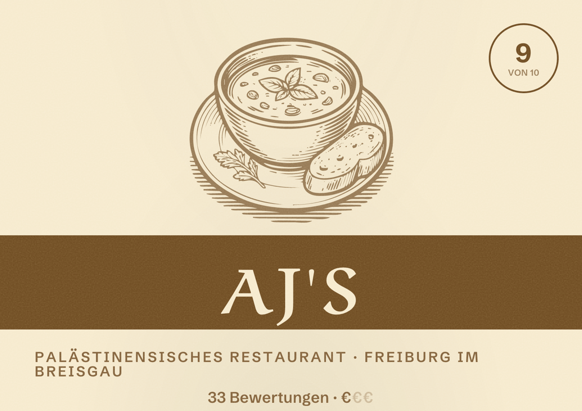 Illustriertes Poster von AJ's, Palästinensisches Restaurant in Freiburg im Breisgau: Bewertung 9,0 von 10 aus 33 Bewertungen, Preisniveau €