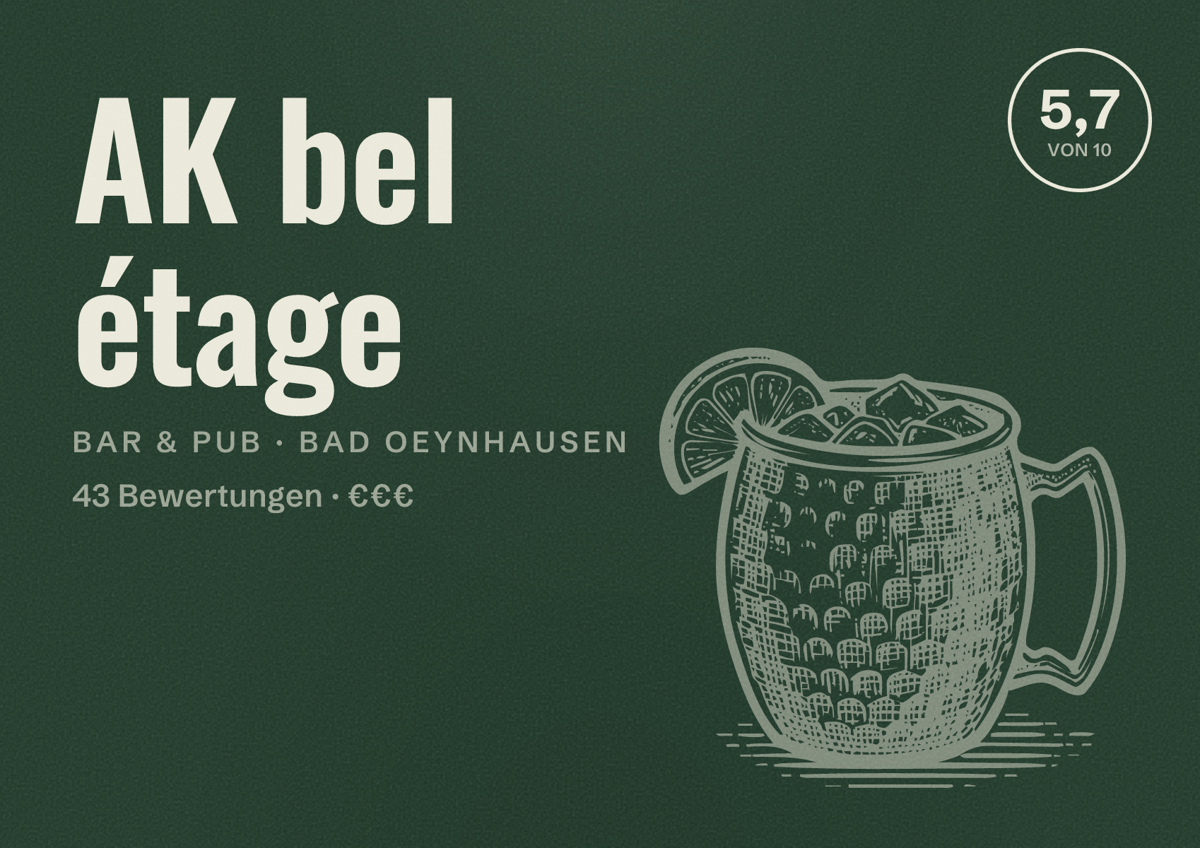 Illustriertes Poster von AK bel étage, Bar & Pub in Bad Oeynhausen: Bewertung 5,7 von 10 aus 43 Bewertungen, Preisniveau €€€