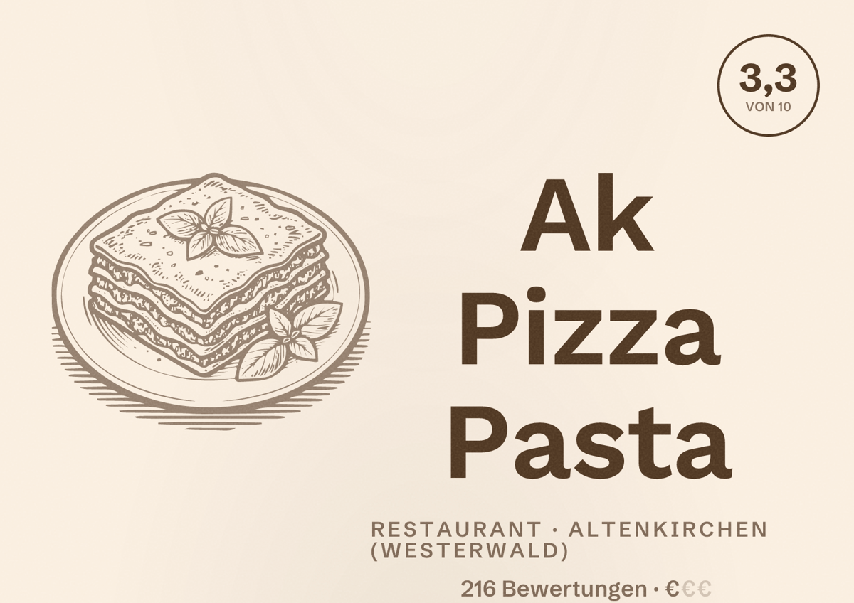 Illustriertes Poster von Ak Pizza Pasta, Restaurant in Altenkirchen (Westerwald): Bewertung 3,3 von 10 aus 216 Bewertungen, Preisniveau €