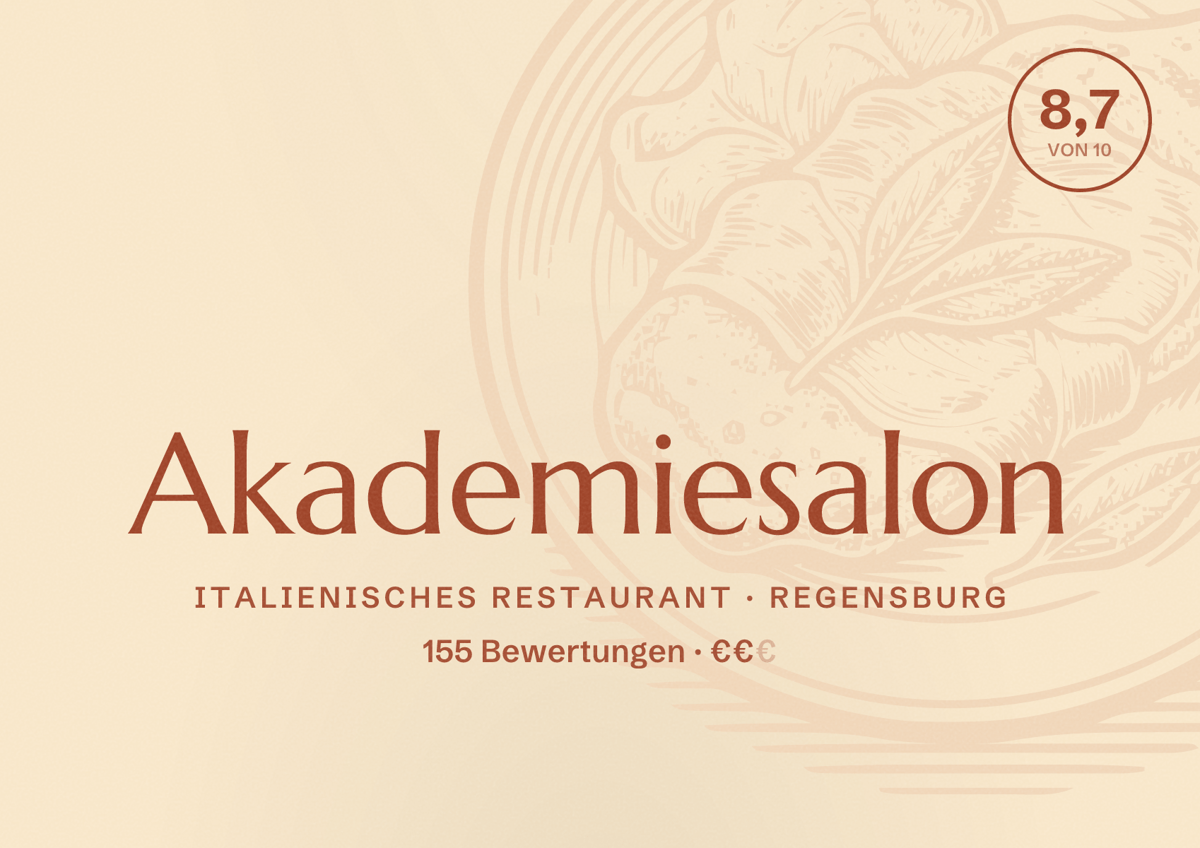 Illustriertes Poster von Akademiesalon, Italienisches Restaurant in Regensburg: Bewertung 8,7 von 10 aus 155 Bewertungen, Preisniveau €€