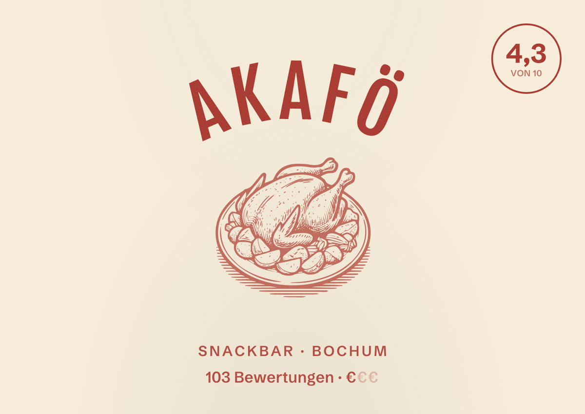 Illustriertes Poster von Akafö, Snackbar in Bochum: Bewertung 4,3 von 10 aus 103 Bewertungen, Preisniveau €