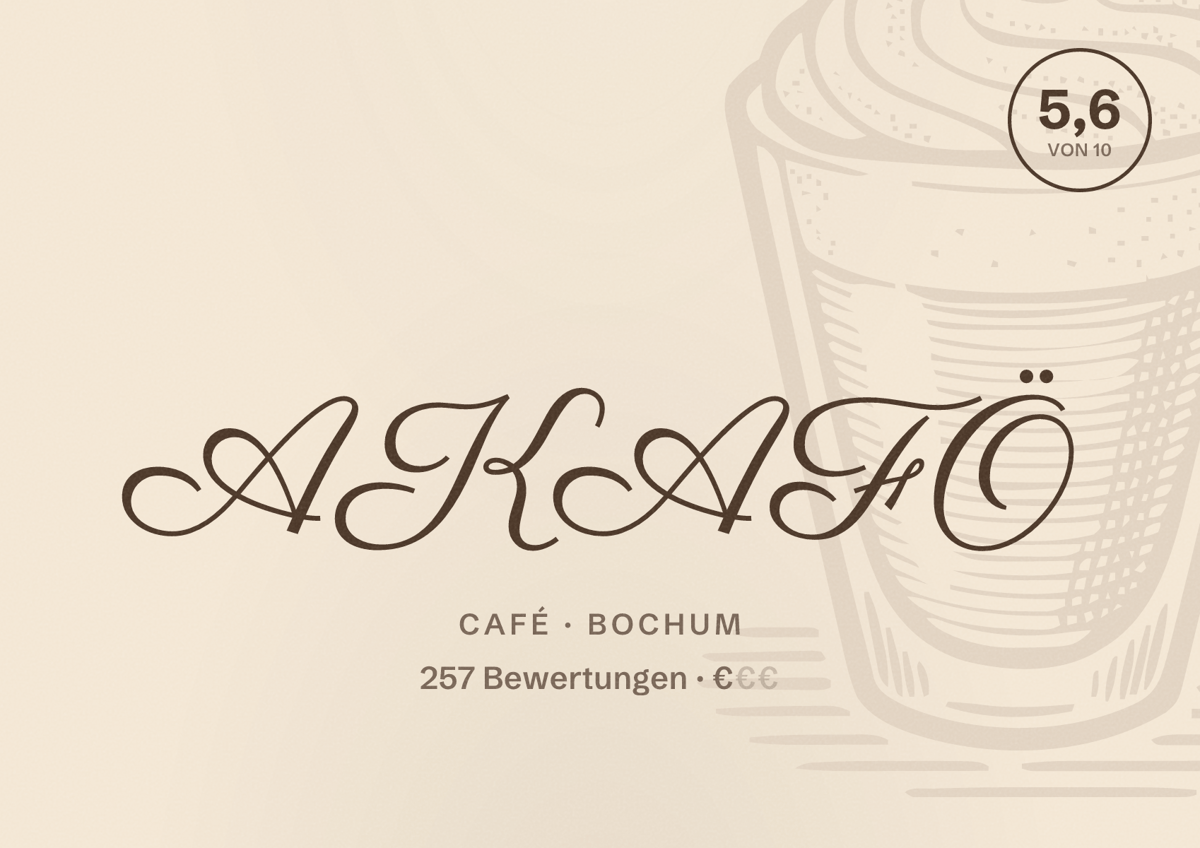Illustriertes Poster von AKAFÖ, Café in Bochum: Bewertung 5,6 von 10 aus 257 Bewertungen, Preisniveau €