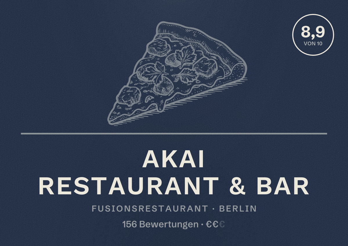 Illustriertes Poster von Akai Restaurant & Bar, Fusionsrestaurant in Berlin: Bewertung 8,9 von 10 aus 156 Bewertungen, Preisniveau €€