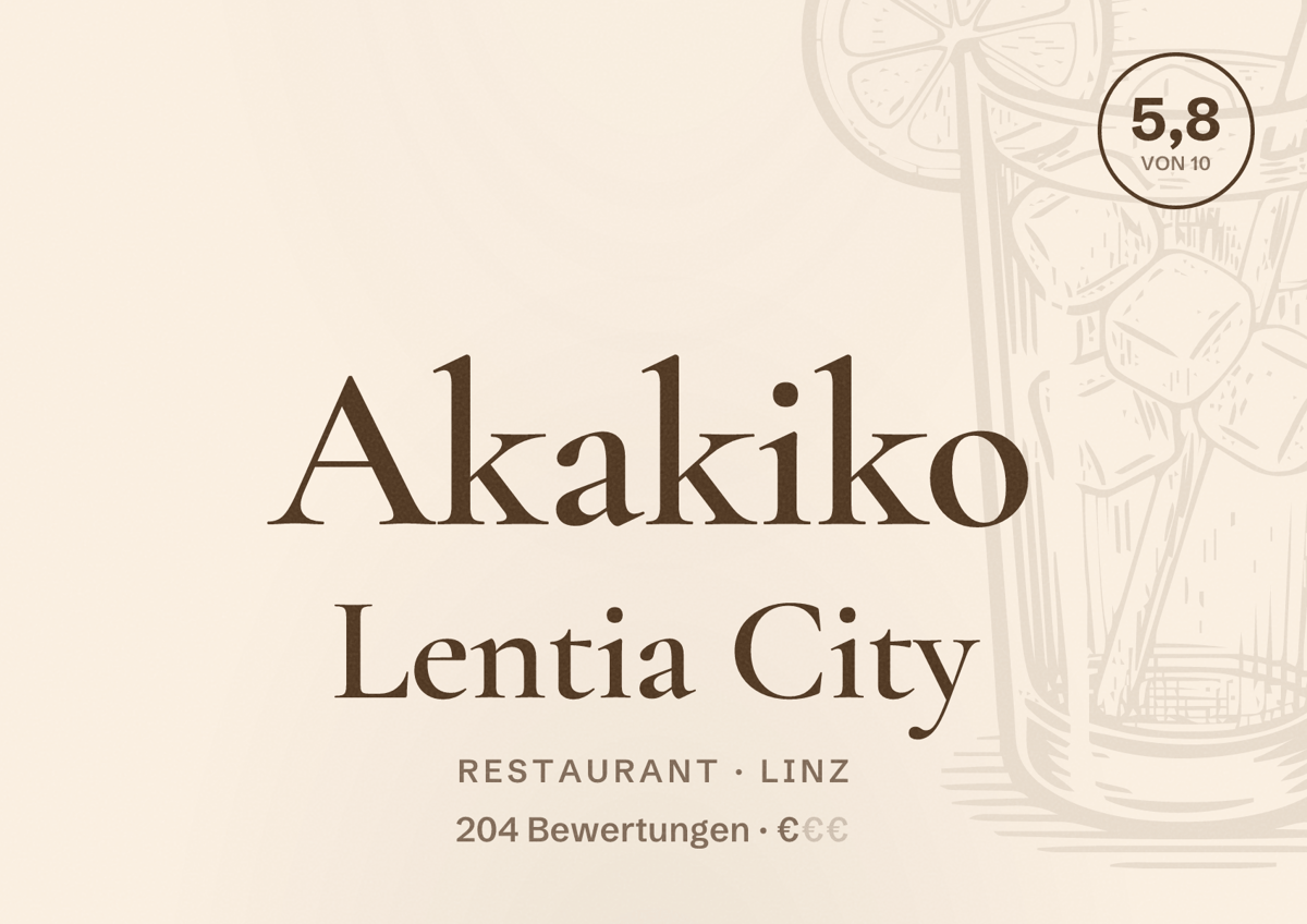Illustriertes Poster von Akakiko Lentia City, Restaurant in Linz: Bewertung 5,8 von 10 aus 204 Bewertungen, Preisniveau €