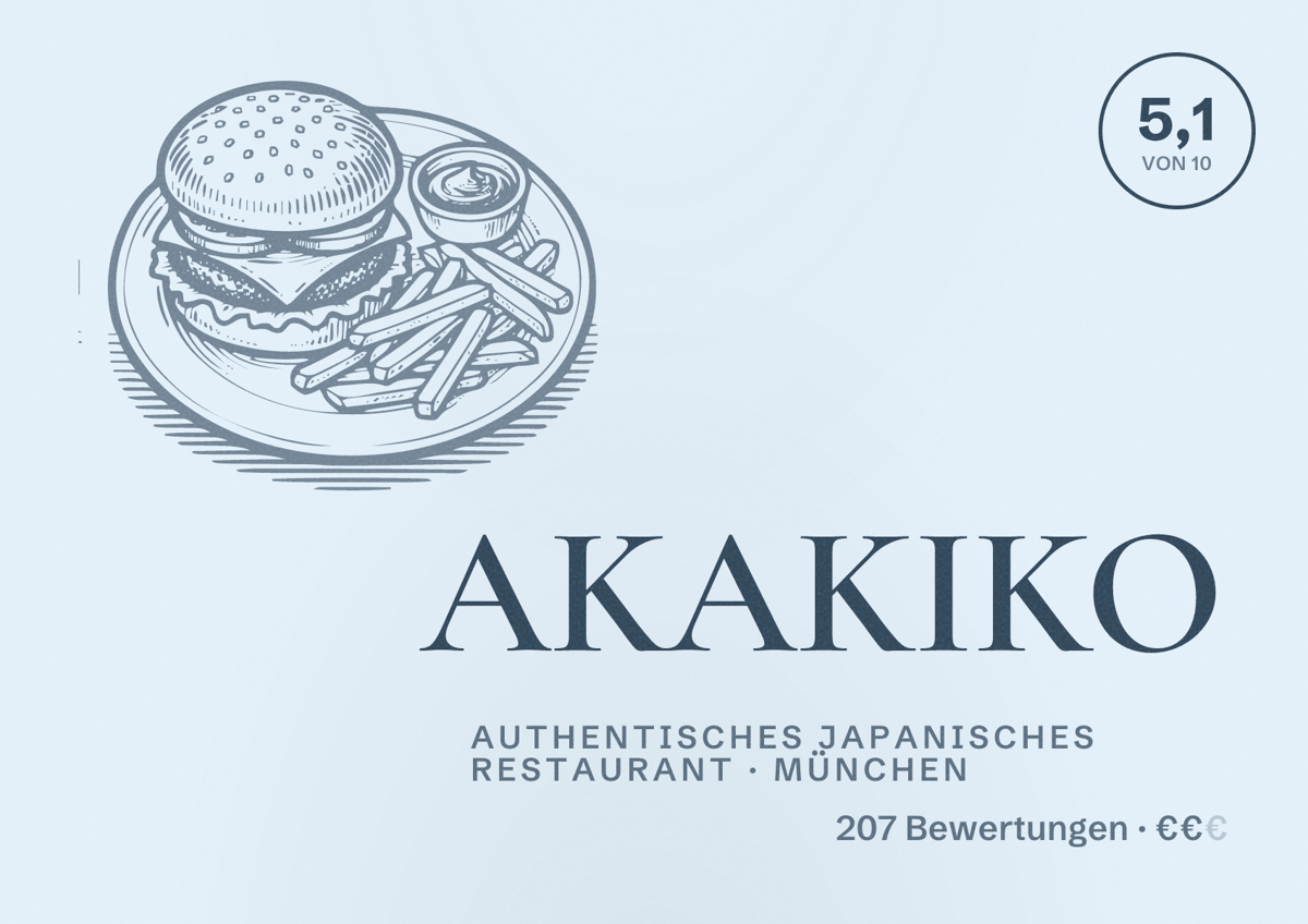 Illustriertes Poster von AKAKIKO, Authentisches japanisches Restaurant in München: Bewertung 5,1 von 10 aus 207 Bewertungen, Preisniveau €€
