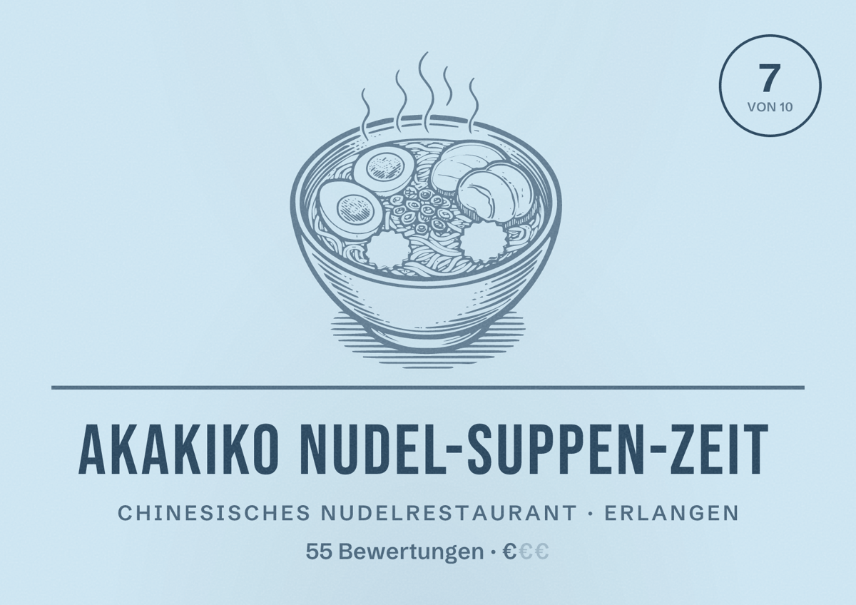 Illustriertes Poster von Akakiko Nudel-Suppen-Zeit, Chinesisches Nudelrestaurant in Erlangen: Bewertung 7 von 10 aus 55 Bewertungen, Preisniveau €