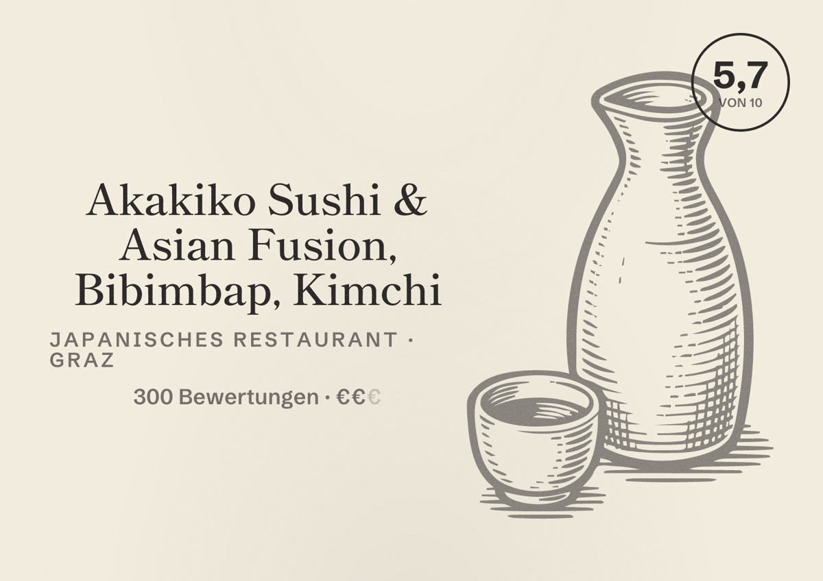 Illustriertes Poster von Akakiko Sushi & Asian Fusion, Bibimbap, Kimchi, Japanisches Restaurant in Graz: Bewertung 5,7 von 10 aus 300 Bewertungen, Preisniveau €€