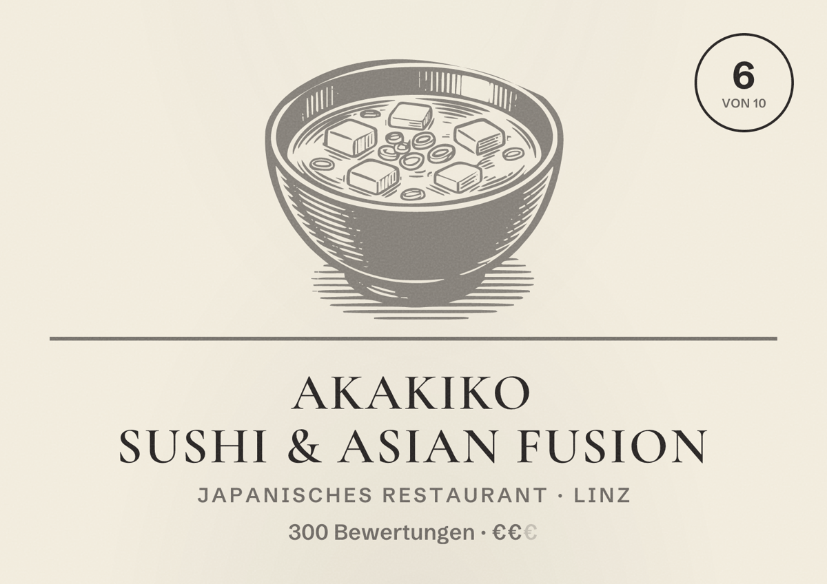 Illustriertes Poster von Akakiko Sushi & Asian Fusion, Japanisches Restaurant in Linz: Bewertung 6 von 10 aus 300 Bewertungen, Preisniveau €€